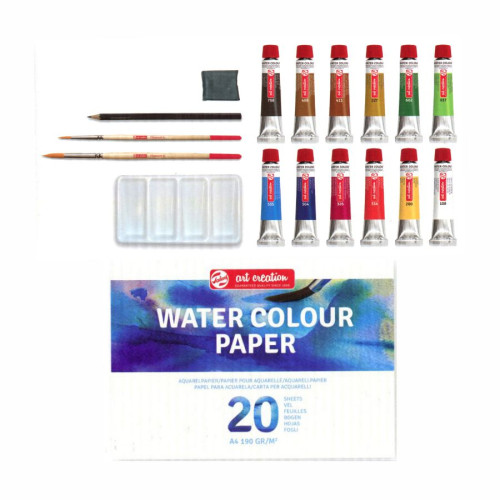 Акварельные краски ArtCreation Combiset акварель 12х12 мл, склейка А4, кисточки 2 шт, карандаш, клячка